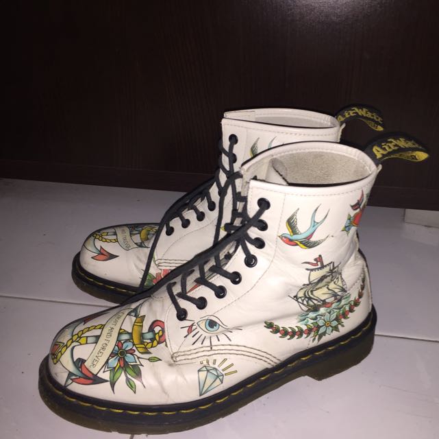 Dr Martens Louie Womens Leather Tattoo Print 8-Eyelet Boots in Winter White  at Scorpio Shoes