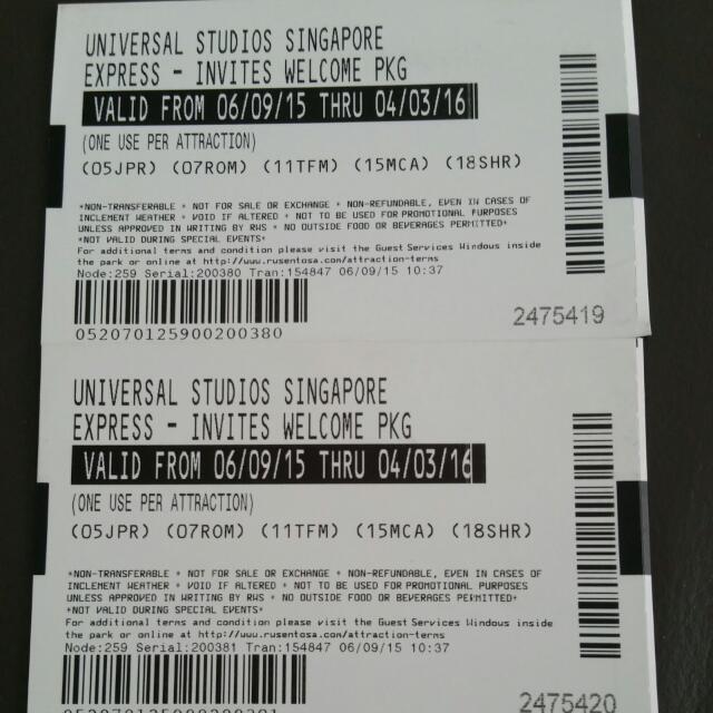 2 X Universal Studios Singapore Express Pass, Tickets & Vouchers, Local  Attractions & Transport on Carousell