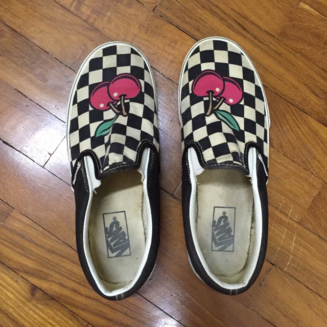 vans cherry checkered slip ons