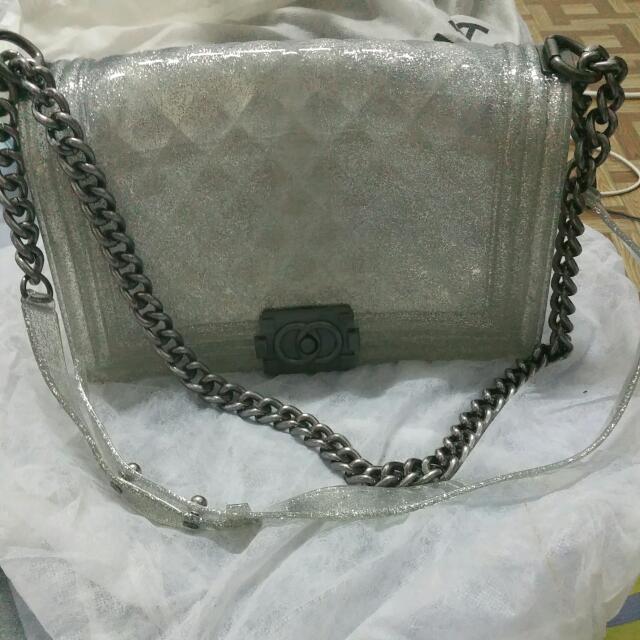 Chanel le boy toy boy jelly bag shimmer silver grey and forest green chain  bag