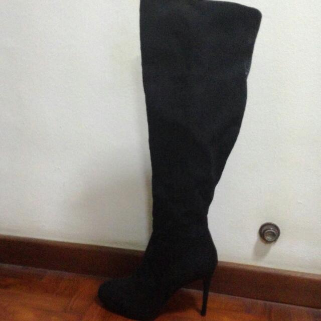 Black Suede Over Knee High Heel Boots 