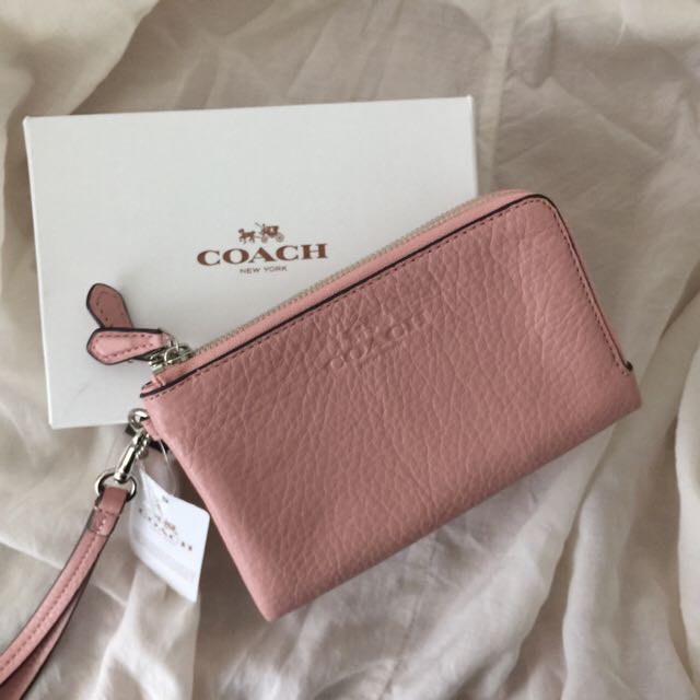 PRICE CUT COACH Blush pink leather double zip wristlet pouch bag
