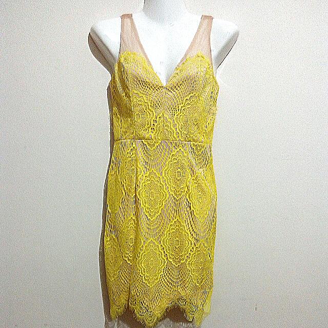 Bnwt Indikah Angel Biba Lace Mesh Bodycon Dress In Yellow Size 8