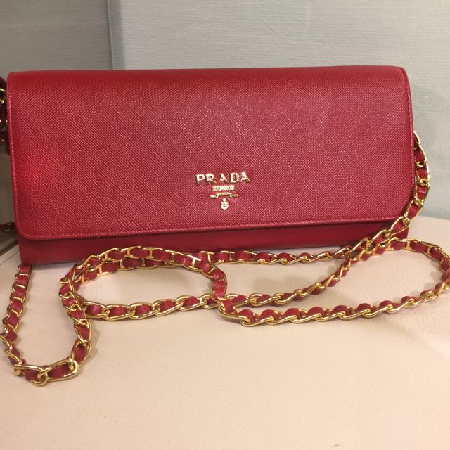 Prada, Bags, Prada Luxe Saffiano Leather Chain Wallet Red