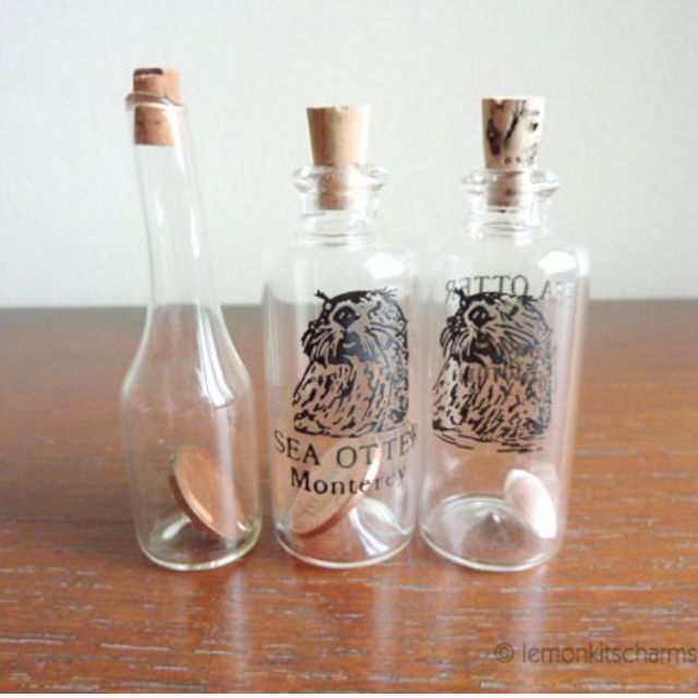 Vintage Miniature Souvenir Glass Bottles, some with stuff inside 10pc