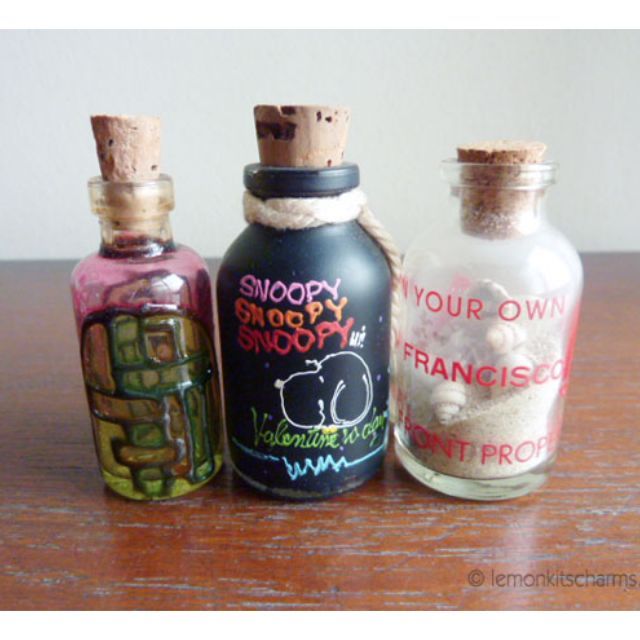 Vintage Miniature Souvenir Glass Bottles, some with stuff inside 10pc