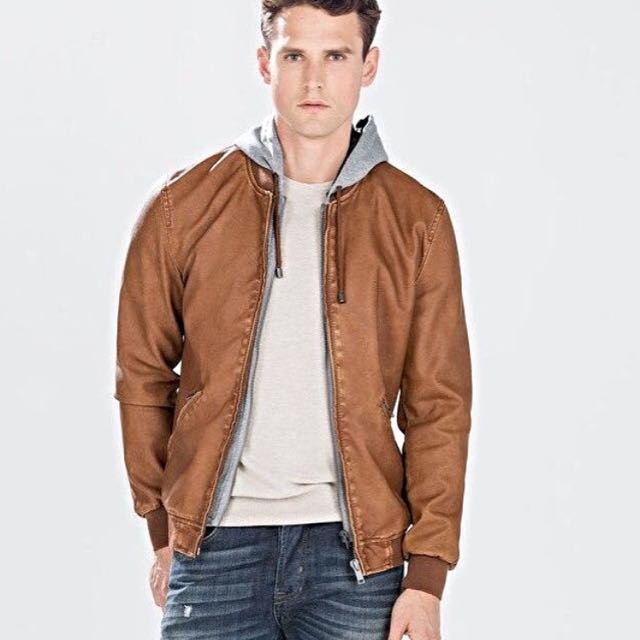 Zara Leather Jacket With Hoodie, Men's 