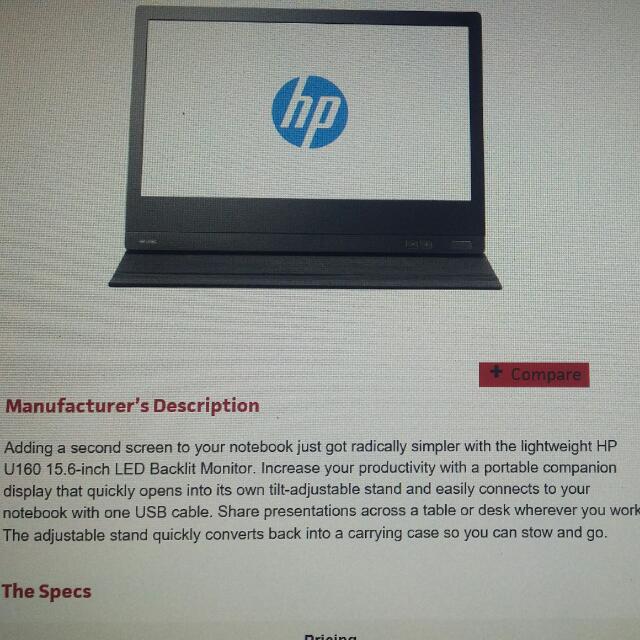 HP U160 15.6inch Led Backlit Monitor, Health & Nutrition, Health