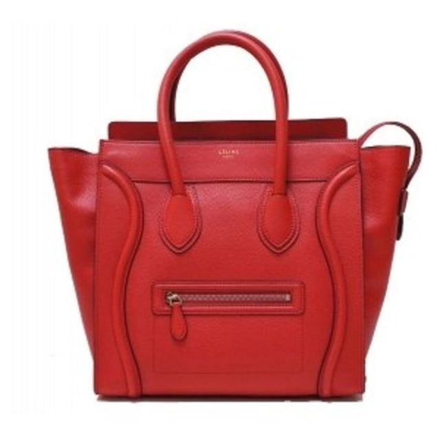 Celine Pebbled Leather Mini Luggage Handbag Coquelicot Lipstick Red Bag