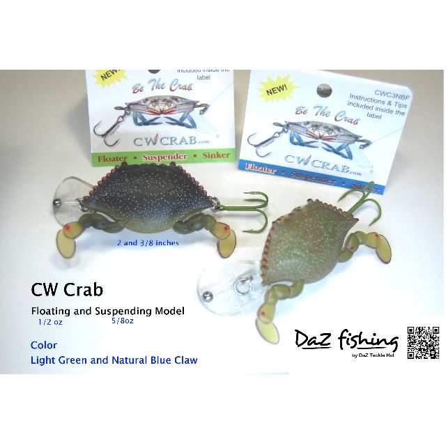 1//2 oz Lot of 3 CW Crab Be The Crab Lures Floater Floating. Light Green