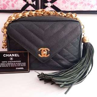 Chanel Dark Green Caviar Vintage Tassels Sling Bag
