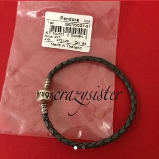 潘朵拉Pandora (全新品）925純銀開釦式皮革皮繩手鍊手環 鐵灰色
