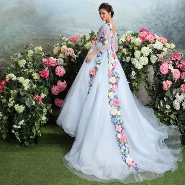 Brand New Bridal Ethereal Unique Gown Baby Blue White Flowers