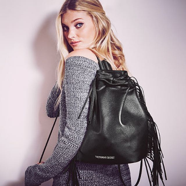 VS VICTORIA S SECRET black Faux Leather Fringe Tassle Drawstring