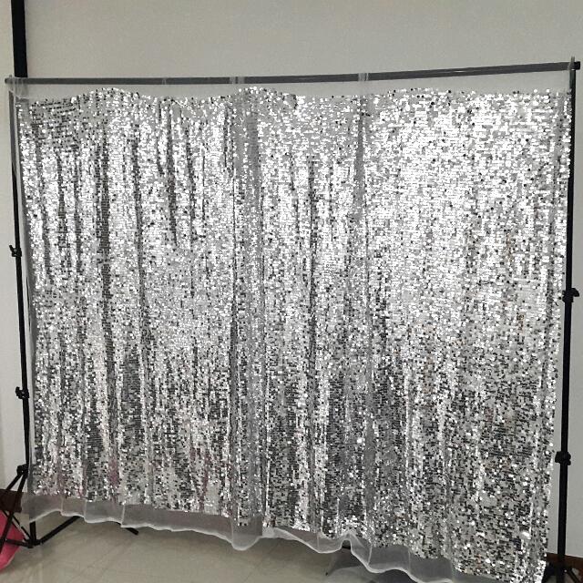 Silver Sequins Backdrop For Rental With Backdrop Stand Design Craft On Carousell