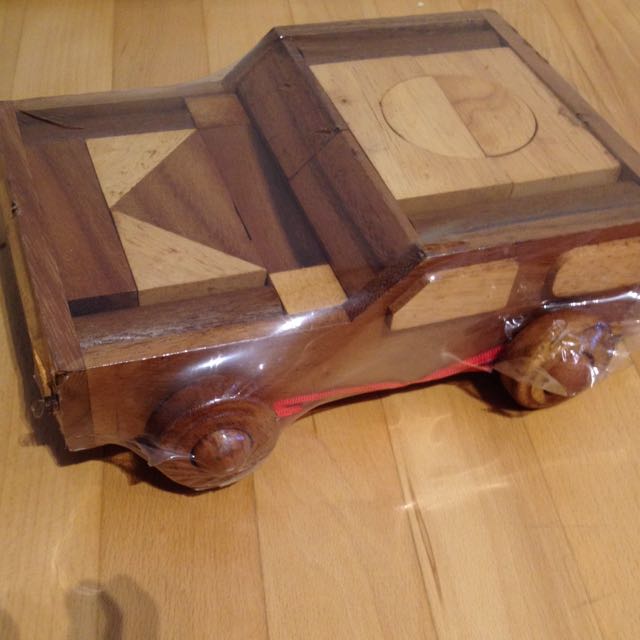 Vintage Wooden Toddler Construction Car With Trolley Pull String Toy