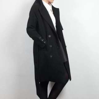 現貨 羊毛黑色厚感保暖實搭廓形長大衣外套