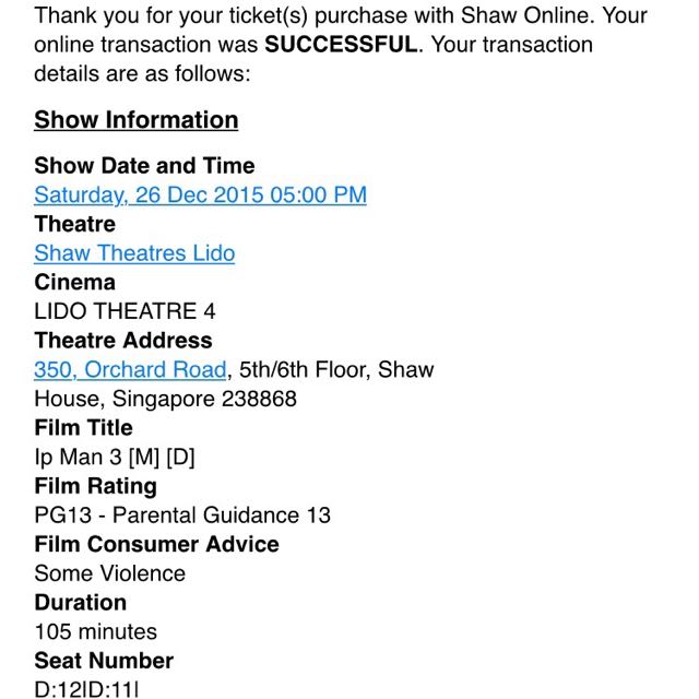 Ip man 3 Shaw Lido Orchard Movie Ticket X2, Tickets & Vouchers, Local