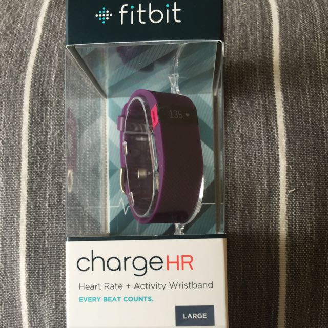 USED LARGE PLUM Fitbit Charge HR Activity Wristband with Charger & PC Dongle 