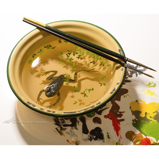 Enamel Bowl And Small Frog Acrylic On Resin 3d Painting Design