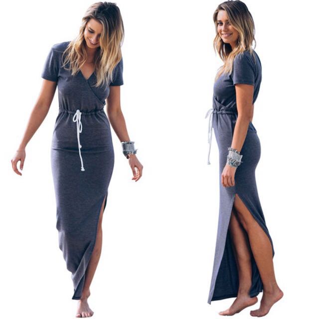 Blue Casual Cotton V Neck Beach Style Drawstring Maxi Dress Code