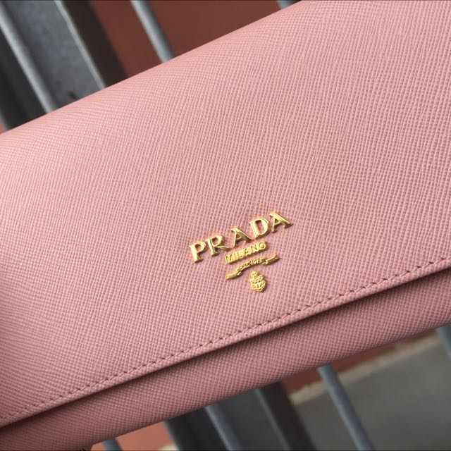 Prada Saffiano Wallet on Chain (WOC) Baby Pink GHW - 9brandname