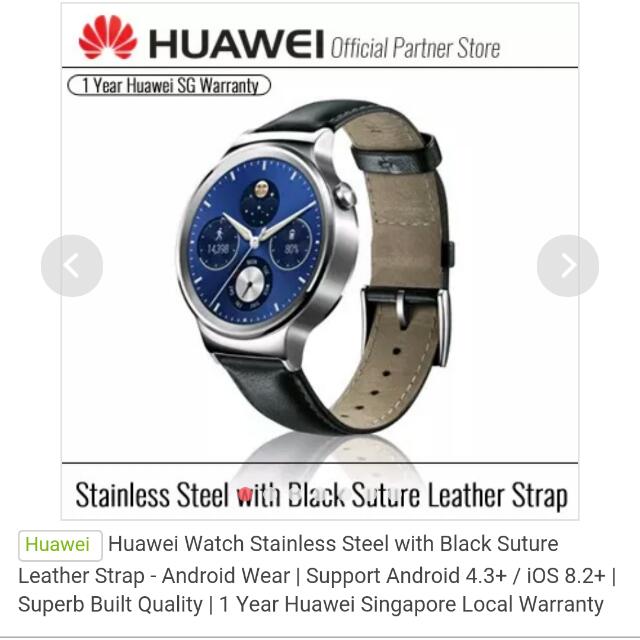 Huawei watch stainless steel with black suture leather strap top