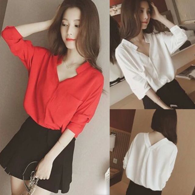 Out Of Stock Stand Collar Casual Smart Sleek Versatile V Neck Plain Simple Color Minimalist Korea Style Blouse Top White Red Code E141 Women S Fashion On Carousell