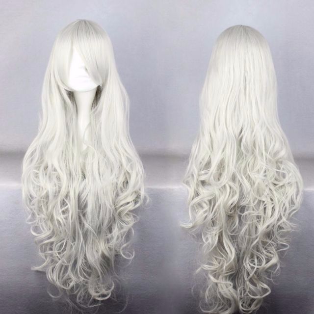 Platinum Blonde 90cm Solid Silver White Curly Hair Wig Womens