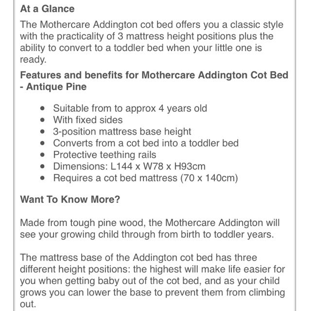 Mothercare Newborn to Toddler Bed, Babies & Kids, Baby Nursery & Kids