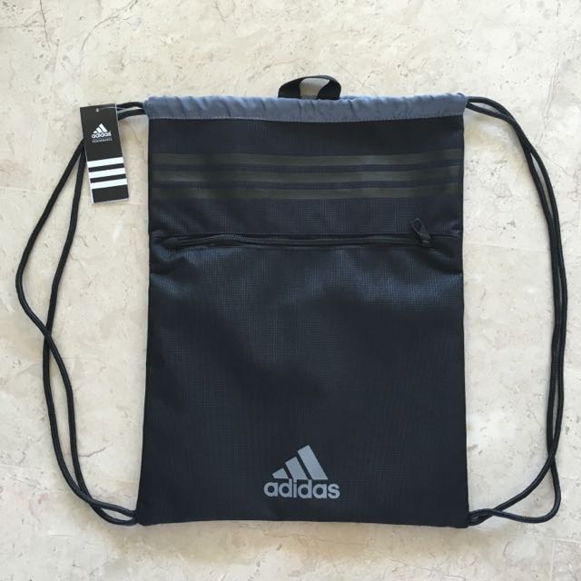 Adidas Performance 3 Stripe Drawstring Gym Sack / Bag In Black Grey, Sports  on Carousell