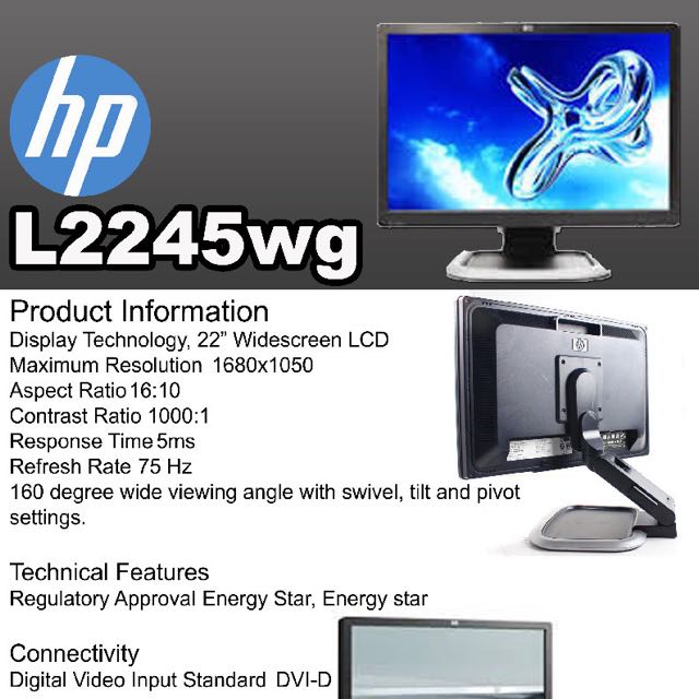 HP 22 inch computer Monitor L2245wg with swivel stand, Computers & Tech ...