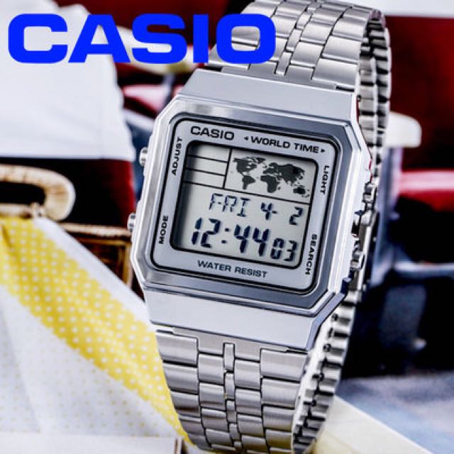 New CASIO Vintage Retro Silver A500WA A 500WA World Time Alarm Map