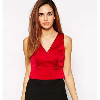 [SALE] ASOS Premium Bonded Satin Plunge Crop Top In Oxblood
