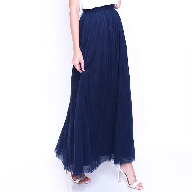 Navy Blue Tulle Maxi Skirt, Women's 
