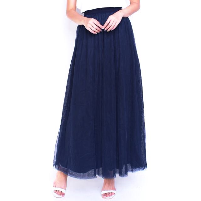 Navy Blue Tulle Maxi Skirt, Women's 