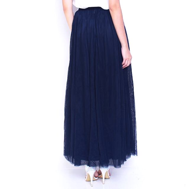 Navy Blue Tulle Maxi Skirt, Women's 