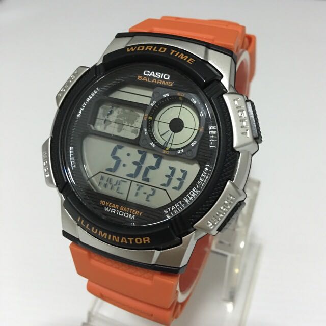 Casio AE1000W Orange Resin Digital World Time Watch New