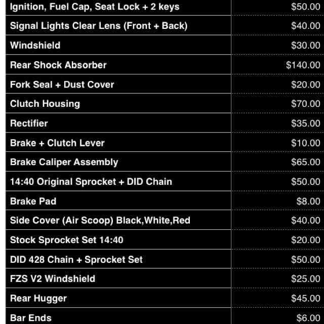 Yamaha fz spare parts price sale
