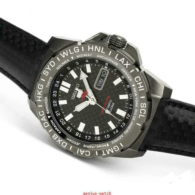 SRP723K1 Seiko Automatic Sport Leather Band Black Dial Bi Directional Mens Watch