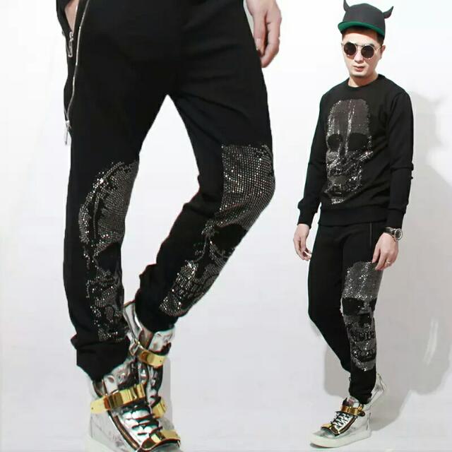Men S Glitter Skull Pants Slim Casual Pants Velvet Pants Harem Pants Men S Fashion On Carousell