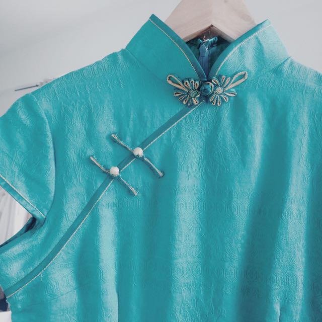 Teal & Gold Cheongsam Blouse, Women's Fashion, Tops, Blouses on Carousell