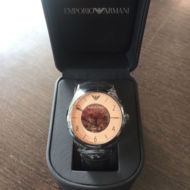 全新亞曼尼EMPORIO ARMANI AR1923 41mm(香檳金xIP黑)雙面鏤空機械錶款