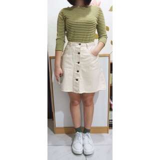 *現貨*日本古著抹茶色草綠條紋基本款上衣合身日系森林系vintage圓領棉質