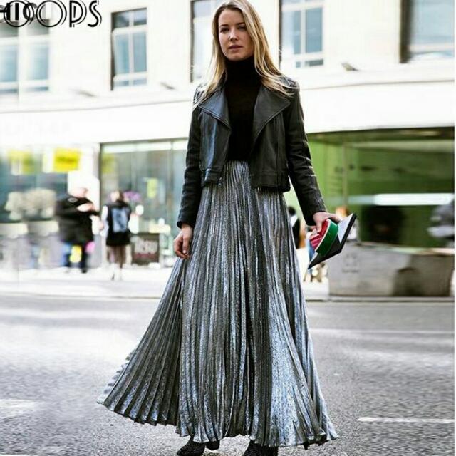 Maxi Skirt Silver Leather Skirt Outfit Silver Pleated Skirt