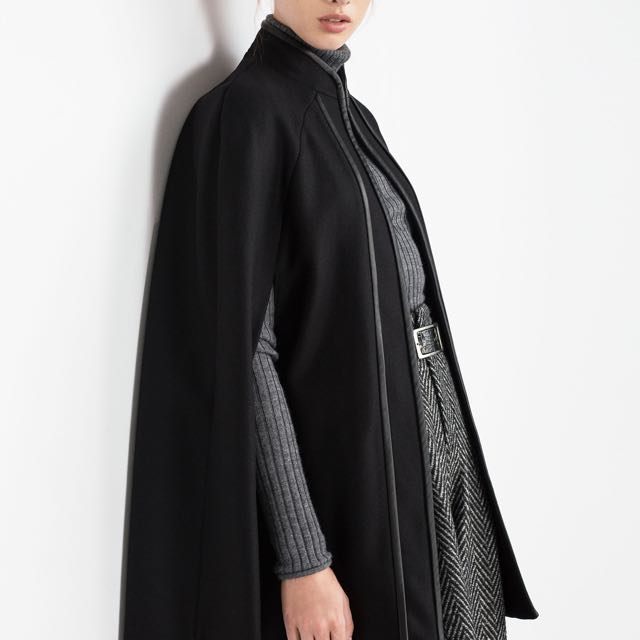 ZARA Wool Contrasting Piped Cape Poncho 