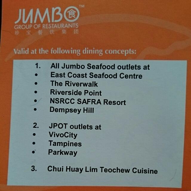 Jumbo Restaurant Voucher (350sgd), Tickets & Vouchers, Vouchers on