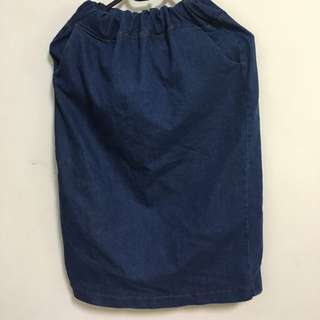 深藍牛仔鬆緊帶中長裙