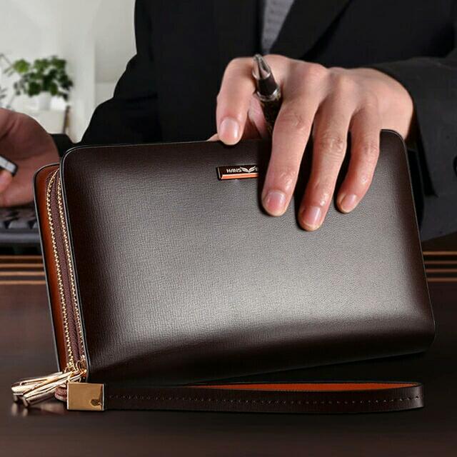 Men Clutch Bag Wristlet Double Zipper Leather Business Long Wallet, Luxury,  Bags & Wallets on Carousell