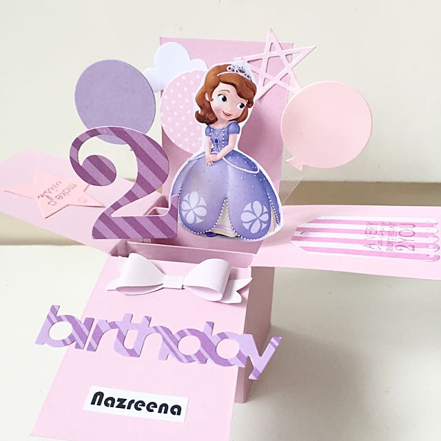 Happy 2nd Birthday Handmade Pop Up Card In Purple Princess Sofia